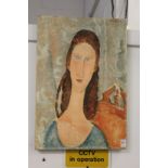 After Modigliani, a female bust, a colour print on canvas.