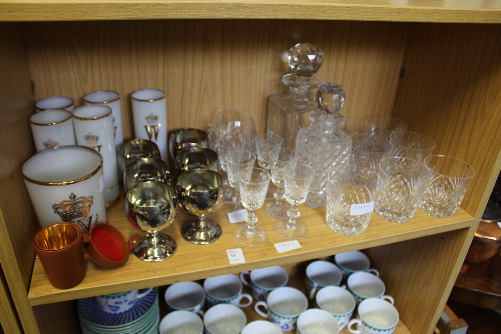 Cut glass ware, gilt decorated glasses, plated goblets etc.