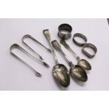 Silver ware, to include spoons, sugar tongs, napkin rings.