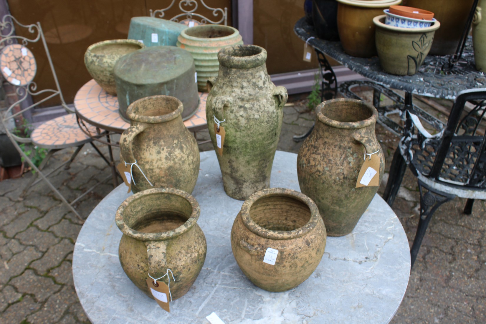 Terracotta and stoneware pots and two old copper saucepans. - Image 2 of 3