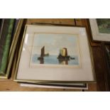 A colour print depicting sailing ships, signed, together with a print of Cavaliers outside an inn