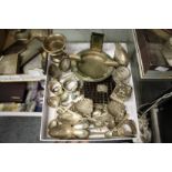 A collection of small silver ware to include a cup, a drum mustard, serviette ring, spoons, a pair