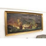 A Battle at Sea, Galleons in a Coastal Landscape oil on canvas, signed.