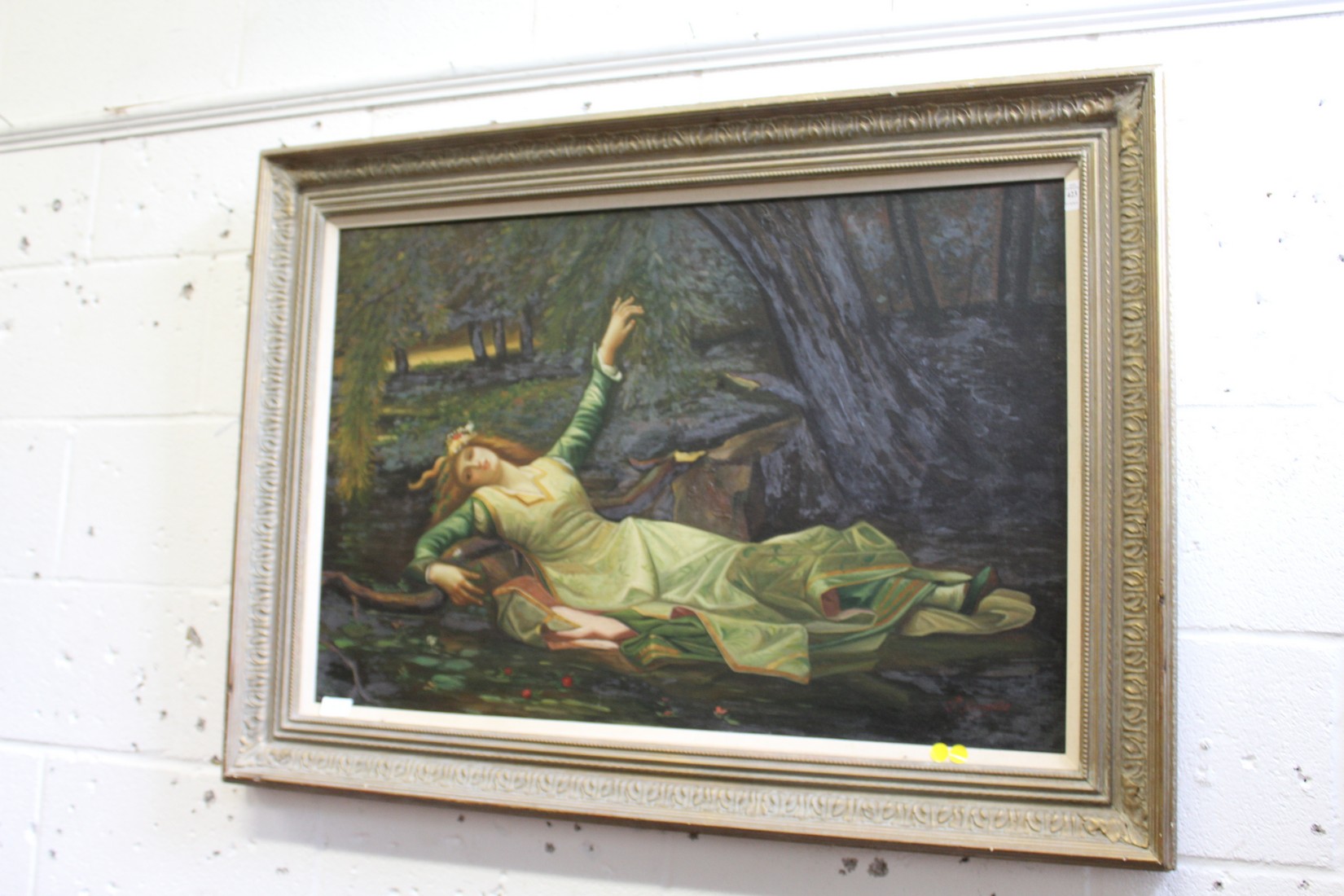 T. Reynolds, a Pre Raphaelite style painting of a reclining female figure next to a lily pond, oil - Image 2 of 2