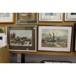 Keith Burtonshaw "Sailing Ships in a Harbour with a Figure by a Dinghy" watercolour, signed together