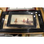 Sailing Ships in a Harbour oil on board, together with a similar print.