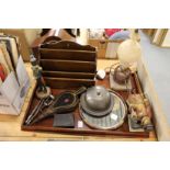 A mahogany tray, a miniature pair of bellows, a corkscrew and other collectables.