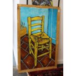 After Van Gogh, a study of a chair, oil on paper laid onto board, unframed.