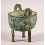 A CHINESE ARCHAIC STYLE TWIN HANDLE CENSER & STAND - with archaic style decoration and wooden