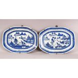 A PAIR OF 18TH / 19TH CENTURY CHINESE BLUE & WHITE PORCELAIN SERVING DISHES - each with native