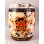 A RARE AND UNUSUAL CHINESE PORCELAIN BARREL SEAT, painted with marbled ground, the sides incised and