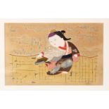 A EARLY 20TH CENTURY JAPANESE WOODBLOCK PRINT - depicting figure with a landscape backdrop, with