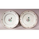 A PAIR OF 18TH CENTURY CHINESE FAMILLE ROSE PLATES - decorated with bands or floral borders with