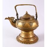 A CHINESE TIBETAN BRASS KETTLE & COVER, of tapered form with panel foliage motif, 26cm high x 24cm