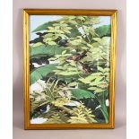 A LARGE BALI PAINTING ON TEXTILE OF BIRDS -- the painting depicting birds amongst flora, 66cm x