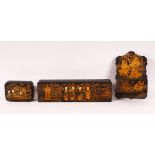 THREE CHINESE GILT LACQUER PIECES, comprising of one pen box, one smaller box and one match box/