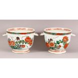 A PAIR OF 18TH / 19TH CENTURY CHINESE FAMILLE VERTE PORCELAIN COOLERS - each with twin handles and