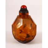 A CHINESE REVERSE PAINTED AMBER GLASS SNUFF BOTTLE - painted depicting 6 cranes with gold flake, 7.