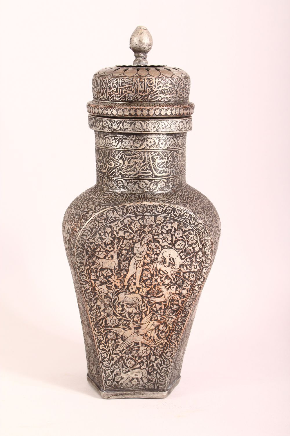 A GOOD PERSIAN TINNED COPPER LIDDED URN - the body carved with figures, animals and flora, with a - Image 2 of 8