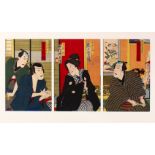 A JAPANESE MEIJI PERIOD WOOD BLOCK PRINT TRIPTYCH - KUNICHIKA TOYOHARA 1835 - 1900 - KABUKI