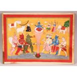 A FINE INDIAN MINIATURE PAINTING OF KRISHNA, with various gods, deities and animals, unframed, 26.