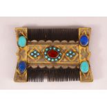 A TURKMAN INLAID COMB - inlaid with semi precious stones including lapis, turquoise and other, the