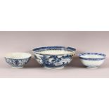 THREE CHINESE BLUE AND WHITE BOWLS, comprising two rice bowls and one large bowl (AF), largest