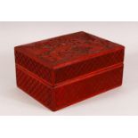 A CHINESE CINNABAR LACQUER LIDDED BOX, decorated with scenes of figures in landscapes, 16cm x 12cm