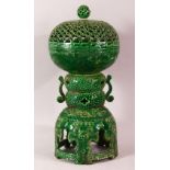 A CHINESE GREEN GLAZED INCENSE BURNER AND COVER ON STAND, three pieces; bowl, cover and stand,