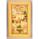 A FINE INDIAN MINIATURE PAINTING, depicting figures and animals in a landscape scene, the picture