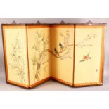 A CHINESE SILK PAINTED FOUR FOLD TABLE SCREEN - painted on silk to depict scenes of birds amongst