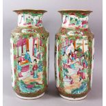 A PAIR OF 19TH CENTURY CHINESE CANTON FAMILLE ROSE PORCELAIN LANTERN VASES / LAMPS, each with panels