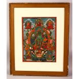 A FRAMED TIBETAN HAND PAINTED THANGKA / PANEL, depicting various deities, framed and glazed, 61cm