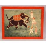 A FINE 19TH CENTURY LARGE INDIAN MINIATURE PAINTING OF MEN FIGHTING AN ELEPHANT, unframed, 33.5cm