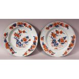 A PAIR OF 18TH CENTURY CHINESE IMARI PORCELAIN PLATES - each decorated with floral display in
