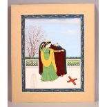 A GOOD INDIAN MINIATURE PAINTING OF A LADY HIDING HER LOVER, in a mounted border - unframed, 30cm