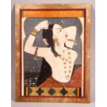 A 19TH CENTURY INDIAN PAINTING OF A LADY, unframed, 24cm x 18cm.