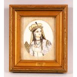 A 19TH CENTURY INDIAN IVORY SLITHER PAINTING OF A FEMALE - the female with head dress and gowns,