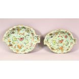 TWO 19TH CENTURY CHINESE CANTON FAMILLE ROSE CELADON LEAF DISHES - the porcelain dishes decorated