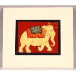 A 20TH CENTURY PAINTING OF AN ELEPHANT, mounted, unframed, 28.5cm x 24.5cm overall.