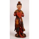 A CHINESE CARVED WOOD & LACQUER FIGURE OF A FIGURE - 42cm high