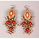 A PAIR OF PERSIAN QAJAR ENAMELLED EARRINGS, inset with semi precious stones and with small pearls/