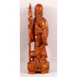 A CHINESE CARVED HARDWOOD FIGURE OF SHOU LAO - 47cm high