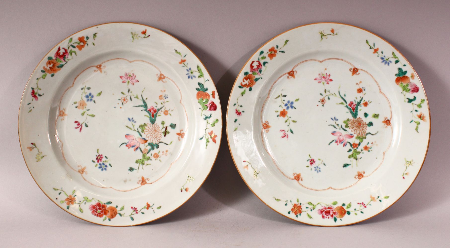 A PAIR OF 18TH CENTURY CHINESE FAMILLE ROSE PORCELAIN PLATES - each decorated with native floral