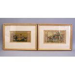 A GOOD PAIR OF 18TH / 19TH CENTURY INDIAN MUGHAL MINIATURE PAINTINGS, framed, one depicting