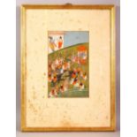 A FINE LARGE 18TH/19TH CENTURY INDIAN MINIATURE PAINTING OF KRISHNA IN COMBAT, framed and glazed