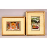 TWO GOOD FRAMED INDIAN MINIATURE PAINTINGS ON ALABASTER, one depicting a couple in a courtyard,