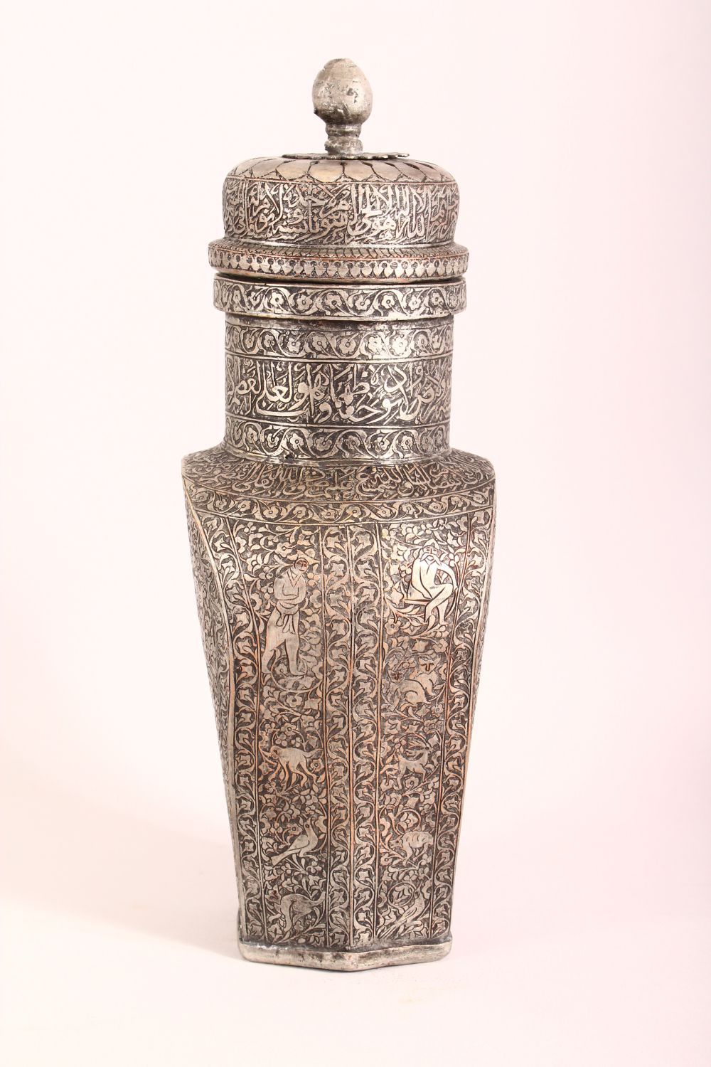 A GOOD PERSIAN TINNED COPPER LIDDED URN - the body carved with figures, animals and flora, with a - Image 3 of 8