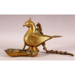 AN INDIAN BRASS HANGING LAMP in the form of a parrot, the hinged well in the form of the feet.