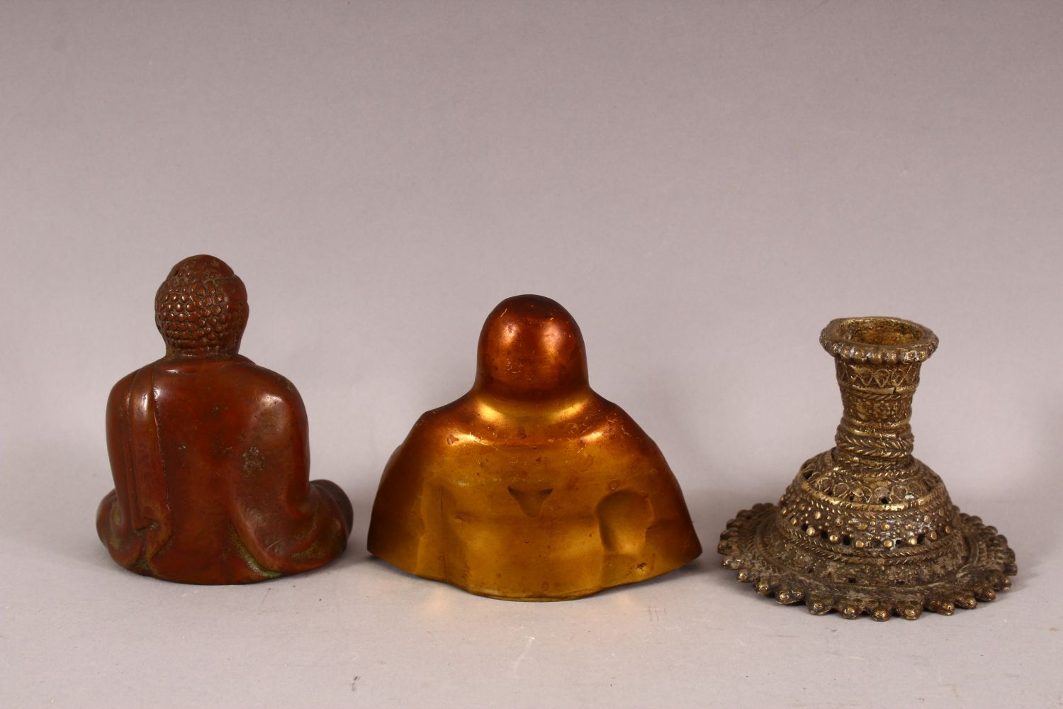 A SMALL BRONZE BUDDHA, together with two other metal items, buddha 9cm high. - Image 2 of 3